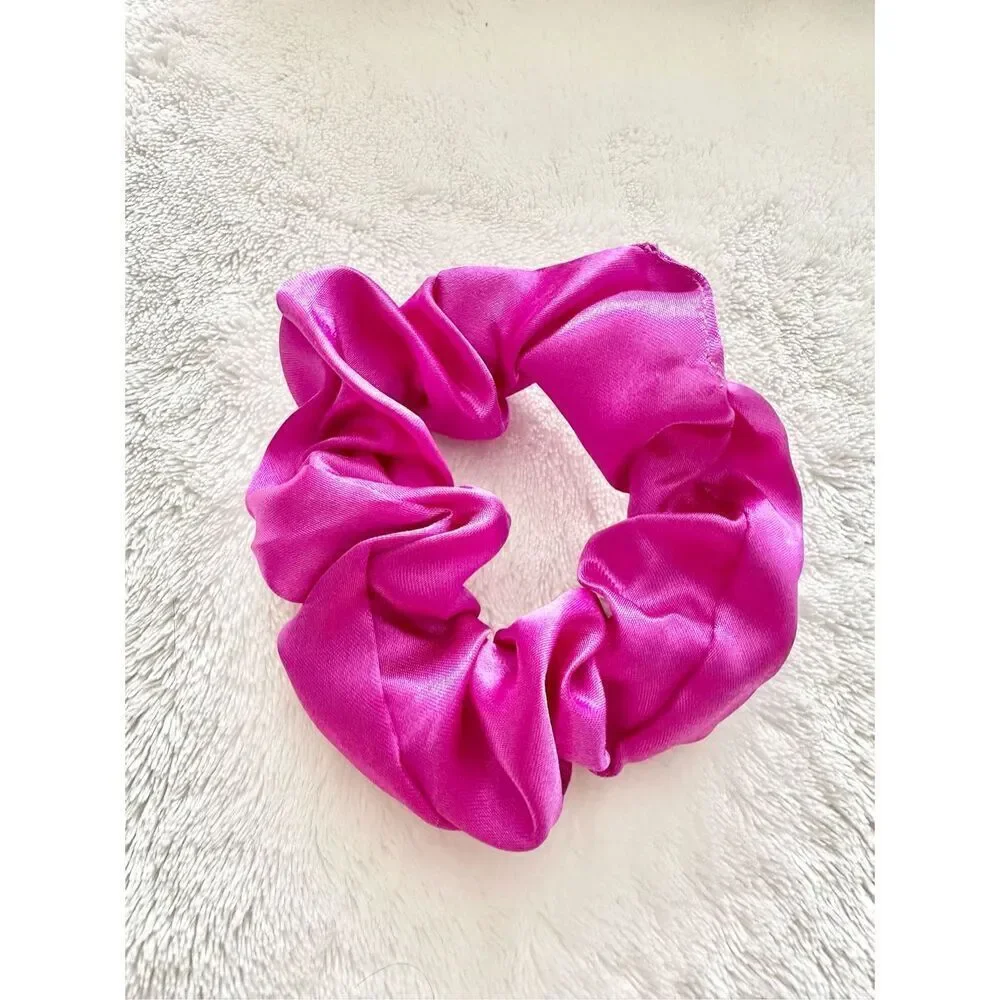 Bright pink / fuchsia color satin hair scrunchie